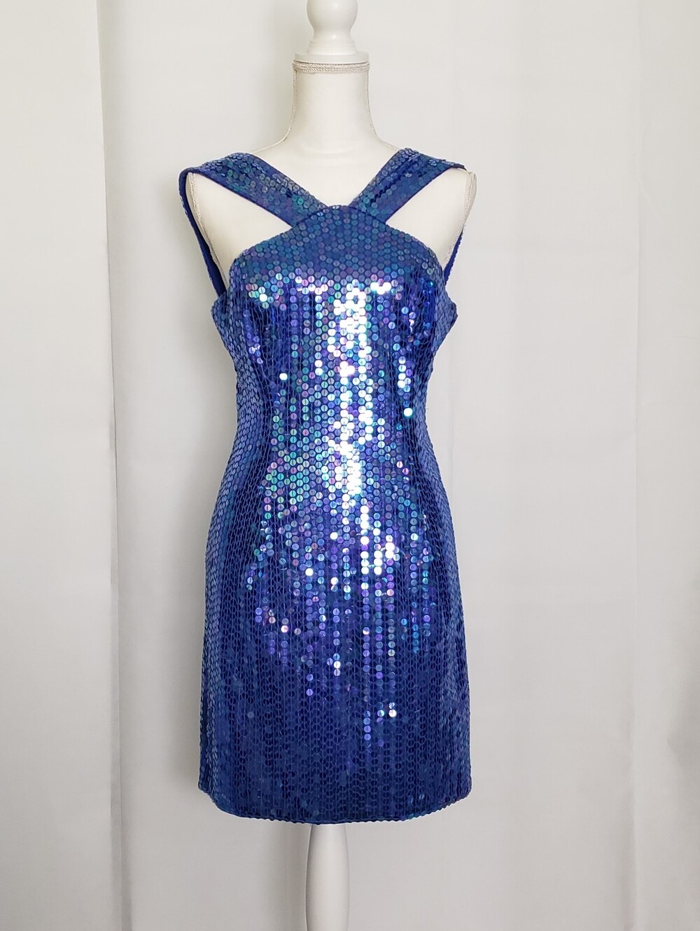 Vintage Robert Anthony Blue Sequin Cross-Strap Mini Dress